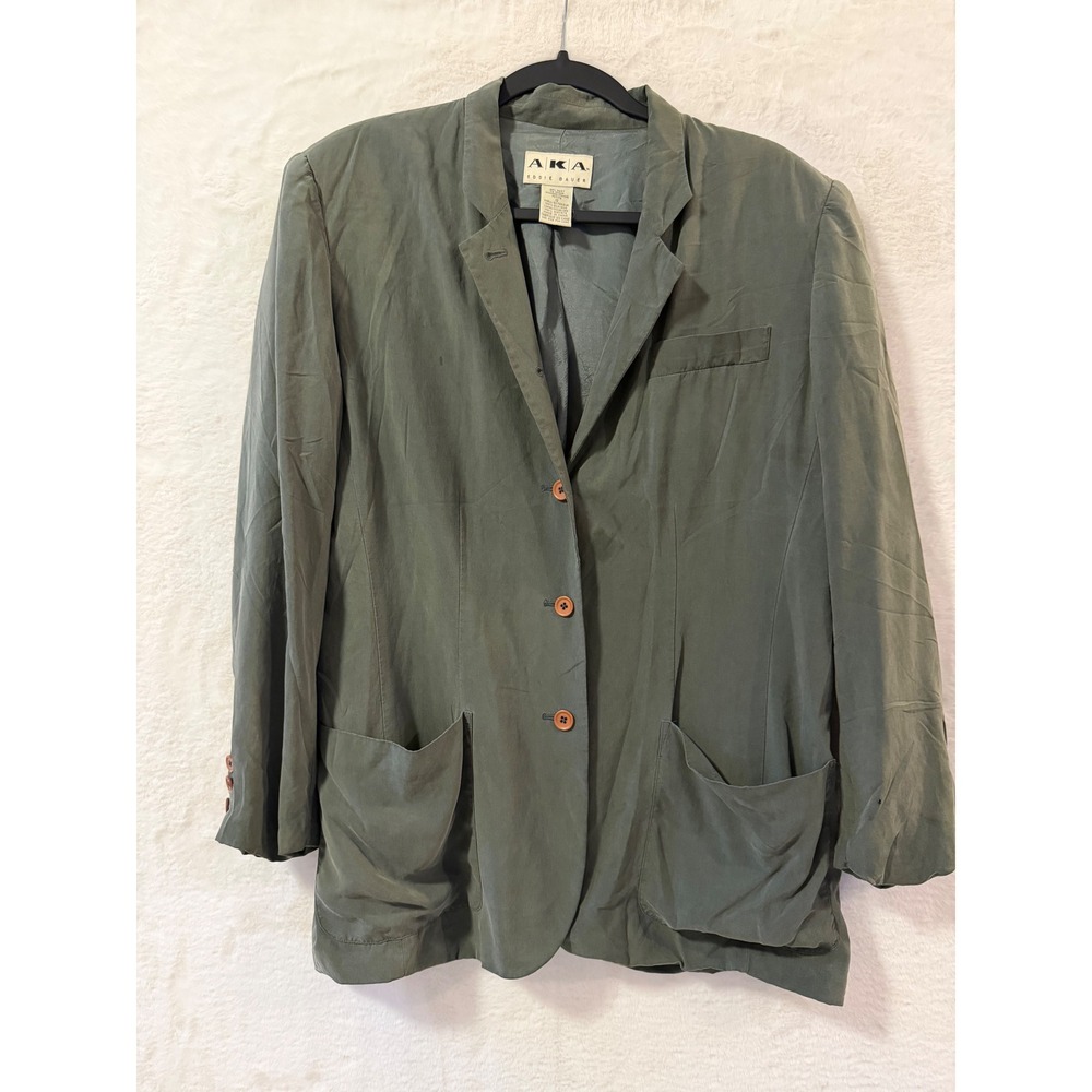AKA Eddie Bauer Silk Blazer Womens 12 Petite Olive Green 3 Button Jacket Lined